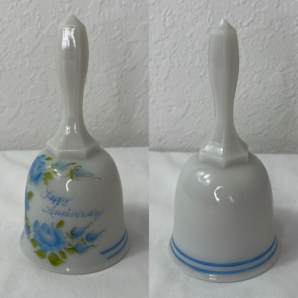 Fenton Milk Glass Happy Anniversary Bell hand painted by L Watson, gift, decor